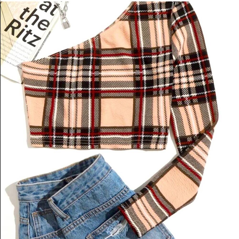 💐SHEIN Crop Top One Shoulder Plaid Women's L XL
